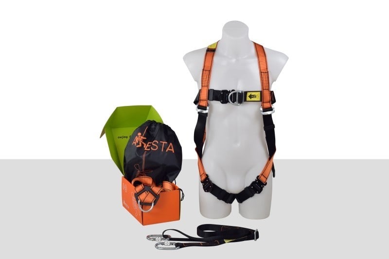 ARESTA MEWP Kit 2 - Double Point Safety Harness - 2m Adjustable Webbing Lanyard  - Screw-gate Carabiner x2 - Pump Bag