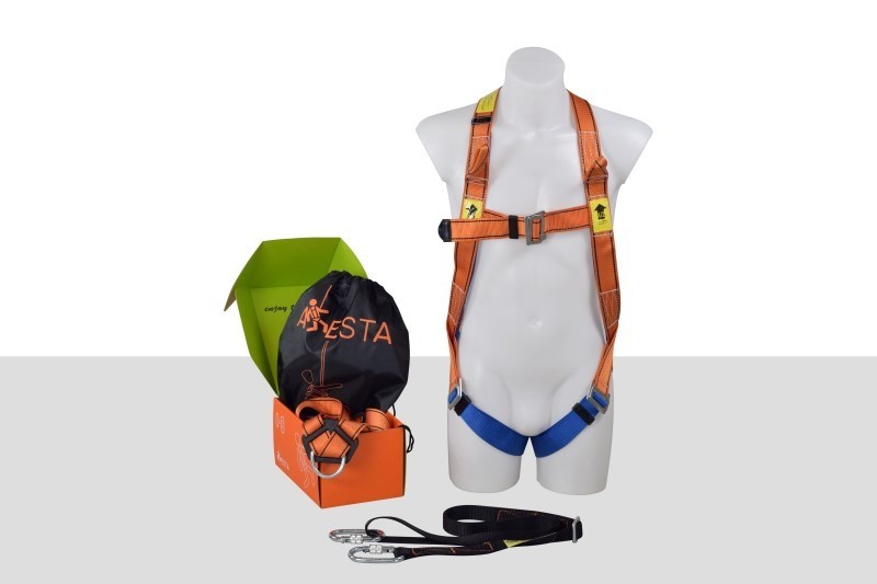 Harness Kit For MEWPS - ARESTA MEWP Kit 2S - Double Point Safety Harness - standard buckle - 2m Adjustable Webbing Lanyard - Screw-gate Carabiner x2 - Pump Bag