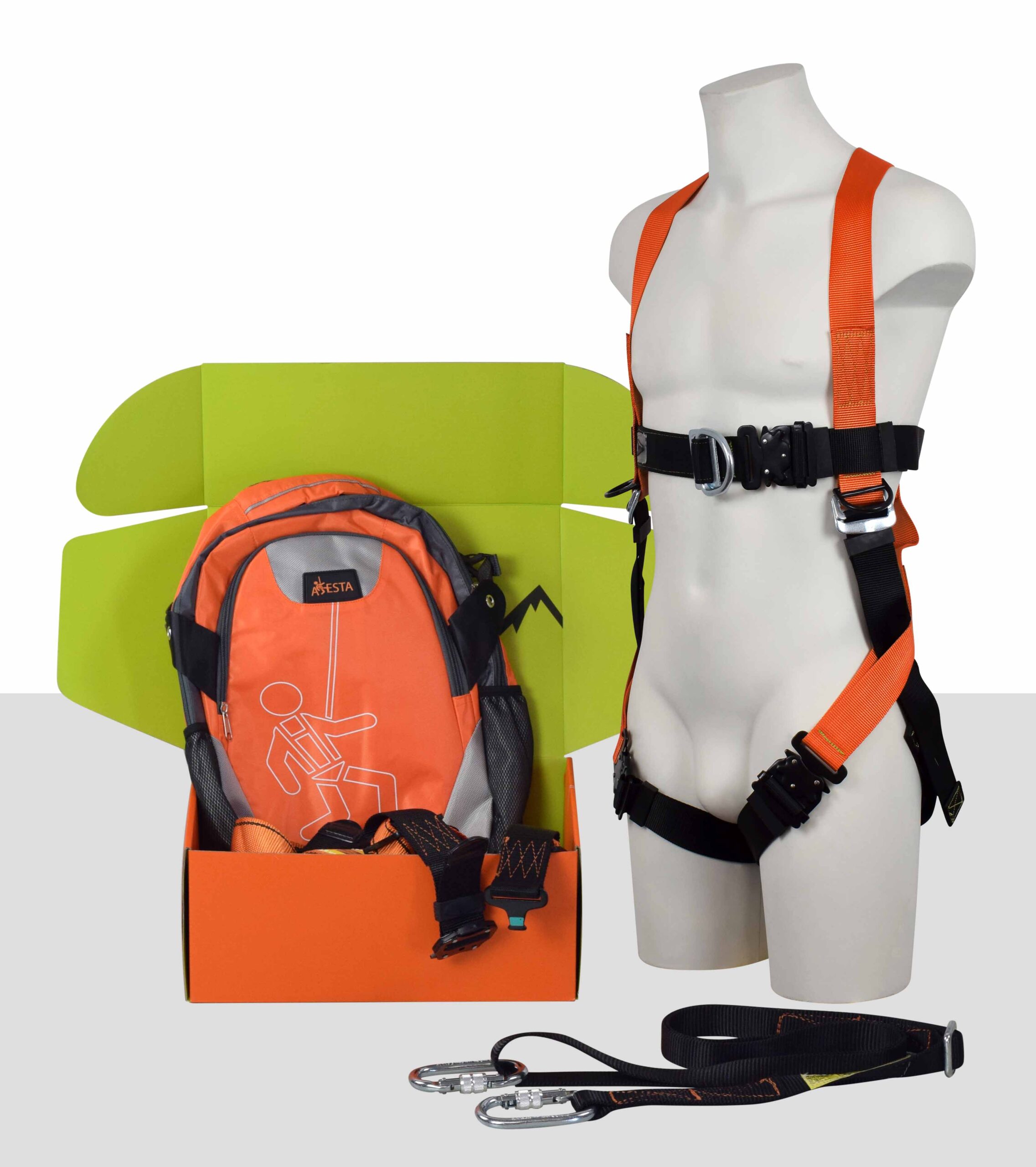 ARESTA MEWP Kit 4 - Double Point Safety Harness - 2m Adjustable Webbing Lanyard - Screw-gate Carabiner x2 - Kit Bag